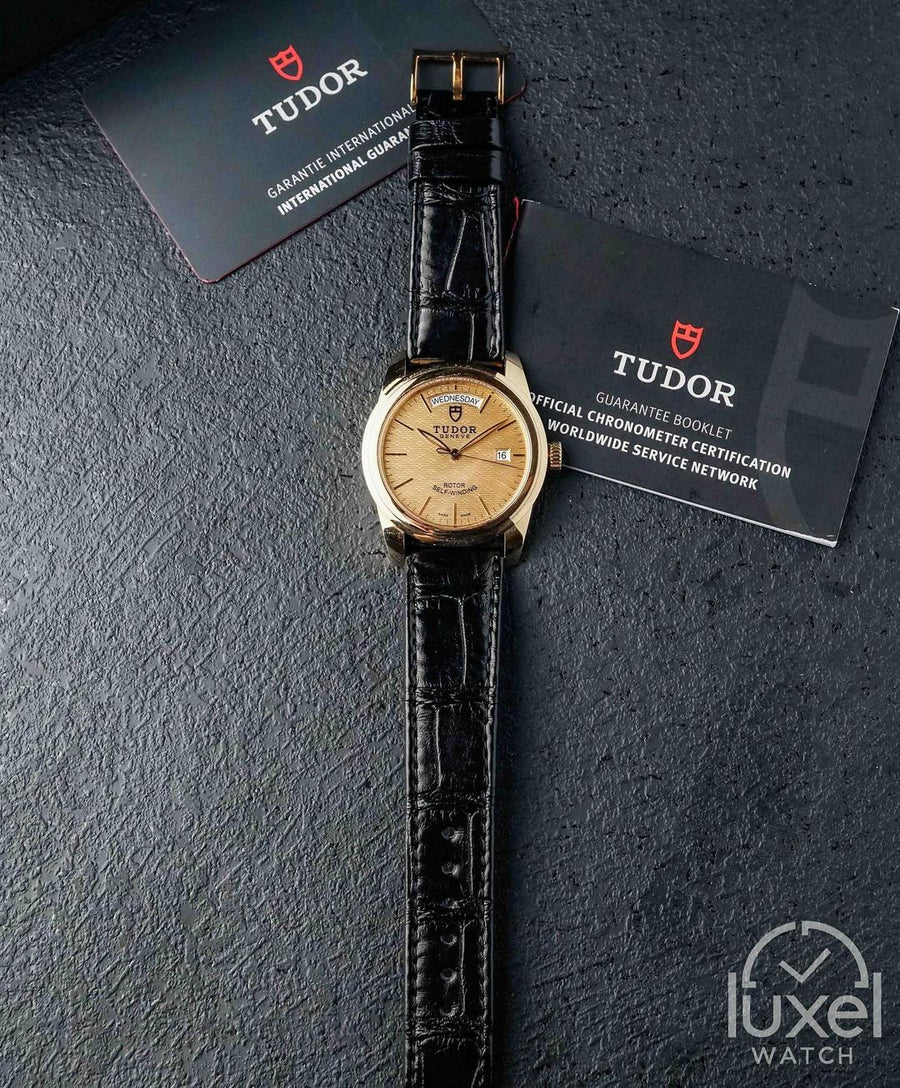 tudor Glamour Date+Day With Champagne Dial 18k Gold Case Leather Strap M56008-0016