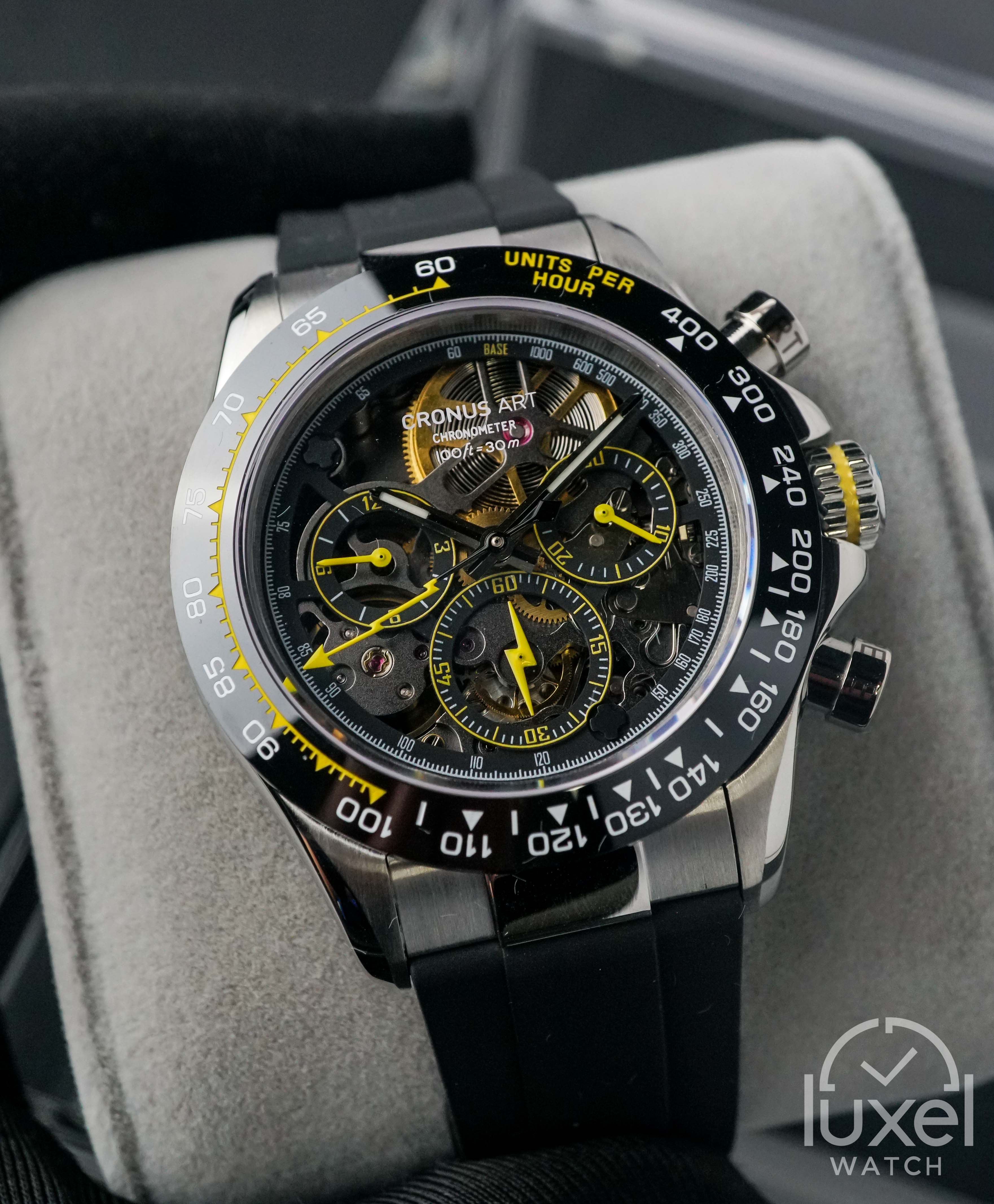 cronus art Stainless Steel Daytona Series Black Ceramic Yellow Accent CM015-009