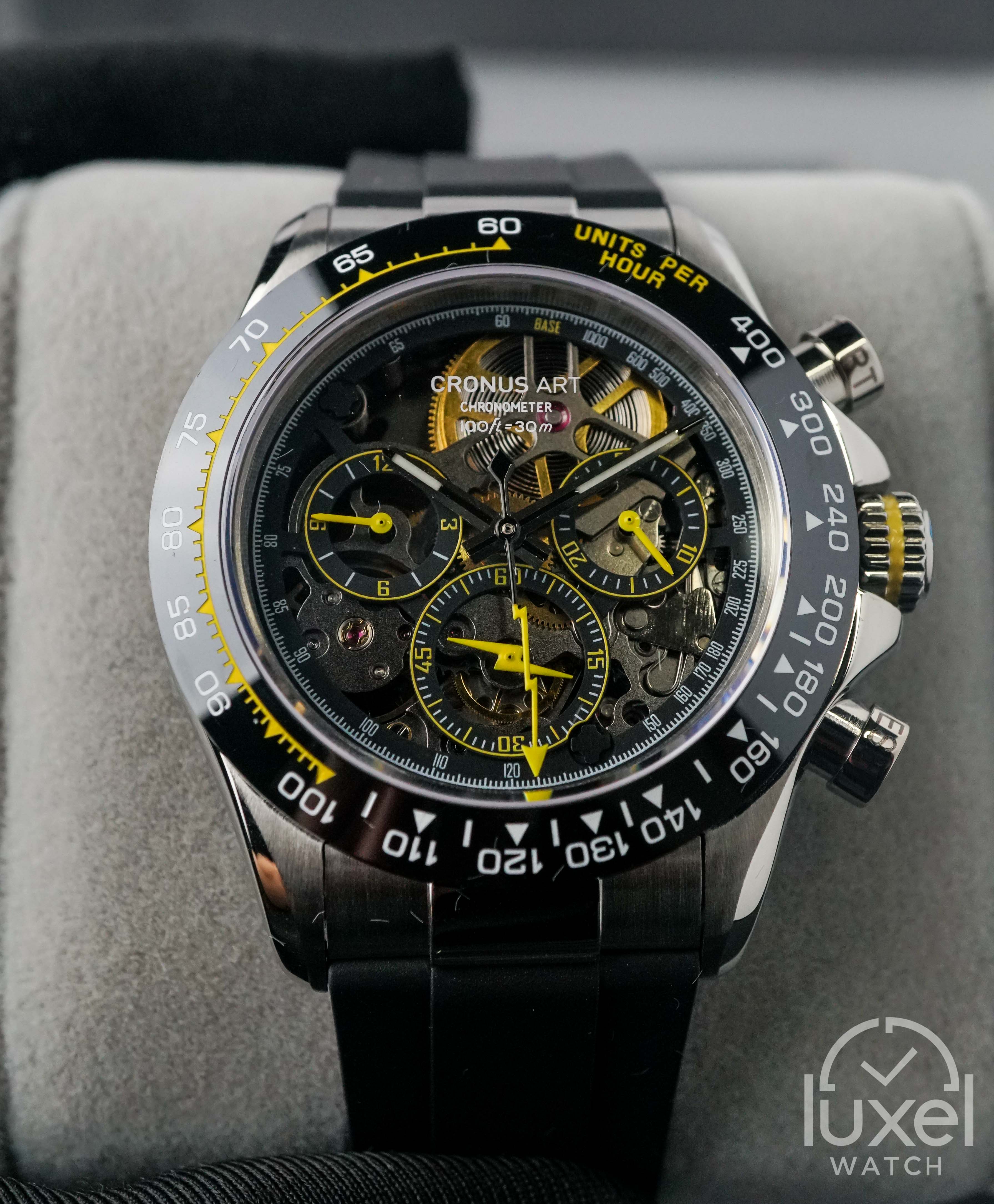 cronus art Stainless Steel Daytona Series Black Ceramic Yellow Accent CM015-009