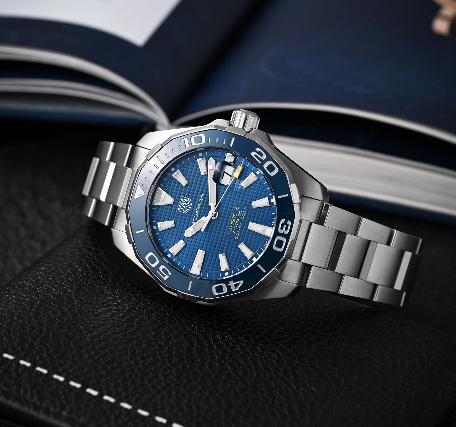 tag heuer Aquaracer 300 Ceramic Bezel Sunray Blue Dial Steel Bracelet WAY201B