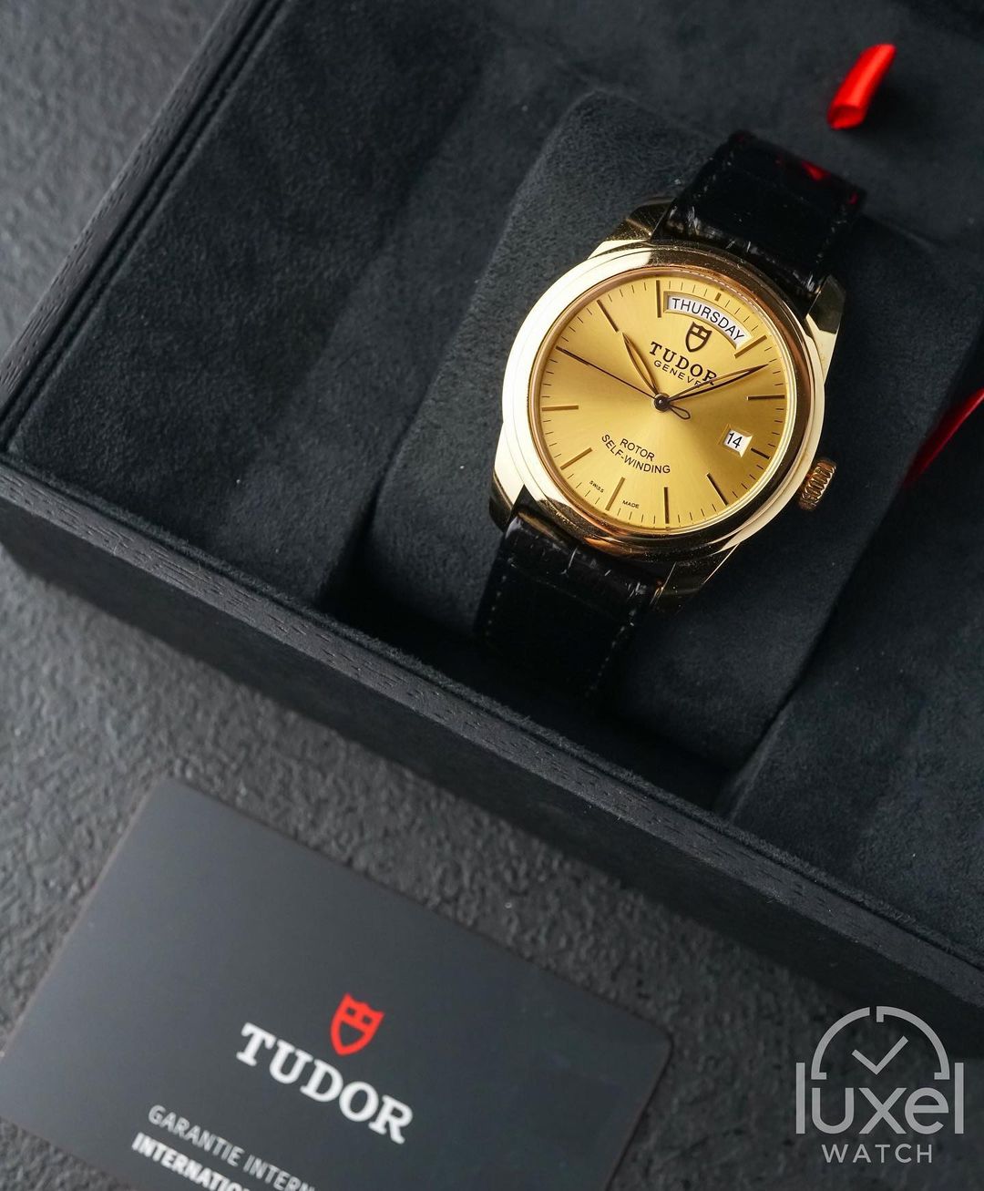 tudor Glamour Date+Day With Champagne Dial 18k Gold Case Leather Strap M56008-0016