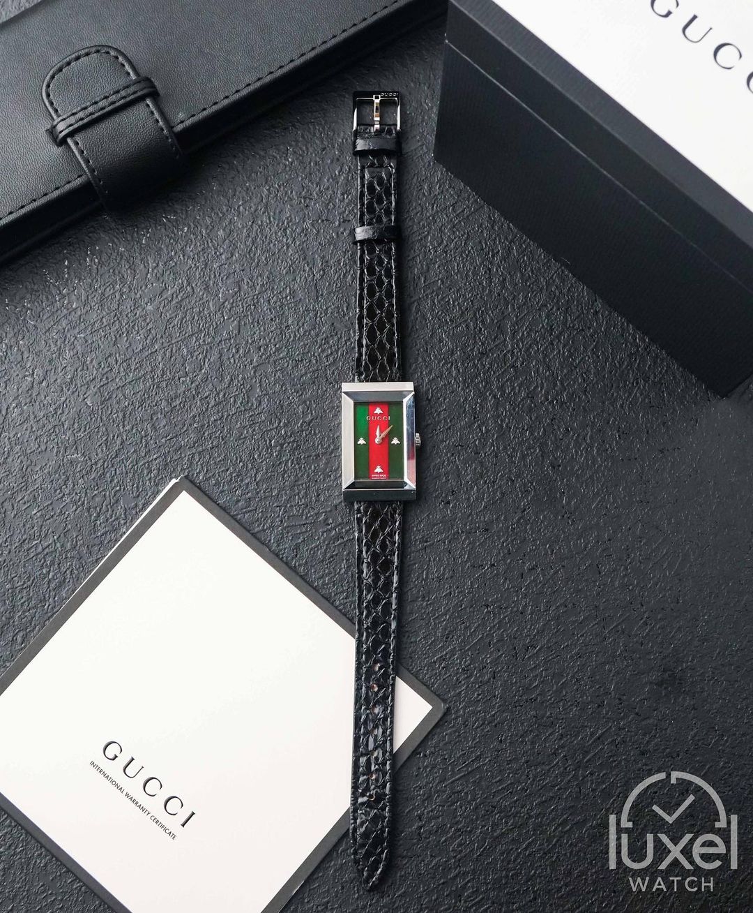 Gucci G-Frame Mother Of Pearl With Green Red Dial Alligator Strap YA147403