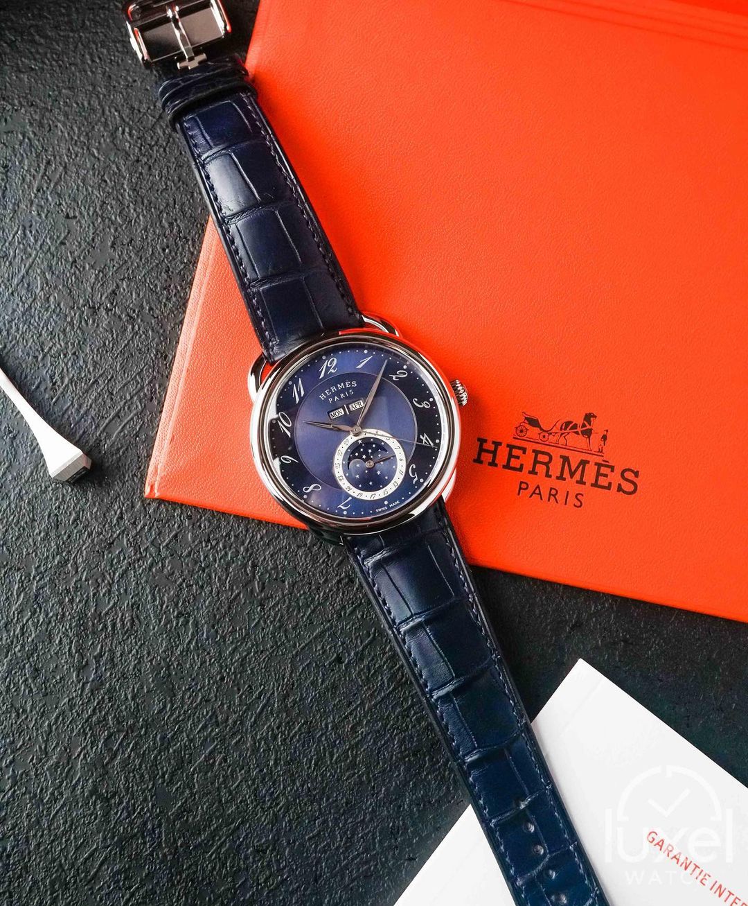 Hermes Arceau Grande Lune Watch With Blue Dial Alligator Strap W053222WW00