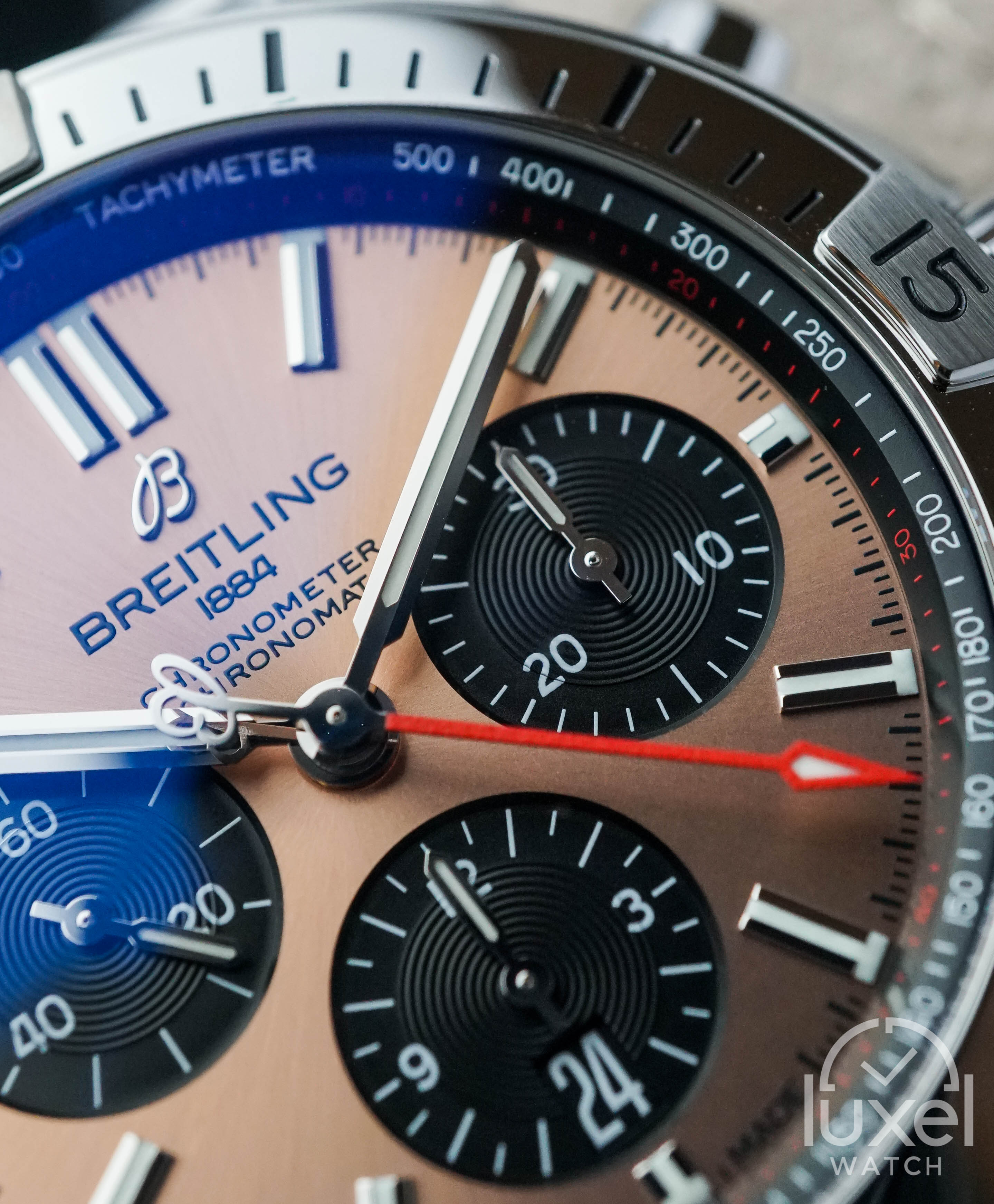 breitling Chronomat B01 With Salmon Dial Steel Bracelet AB0134101K1A1